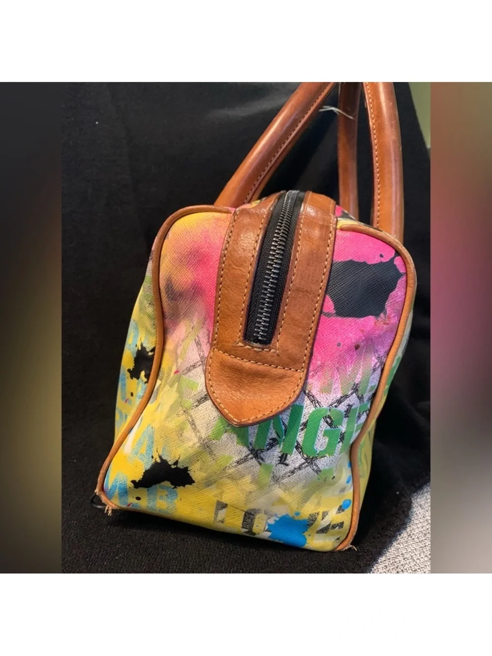 L.A.M.B. Multicolor Paint-Splash Satchel with Tan Handles Y2K!